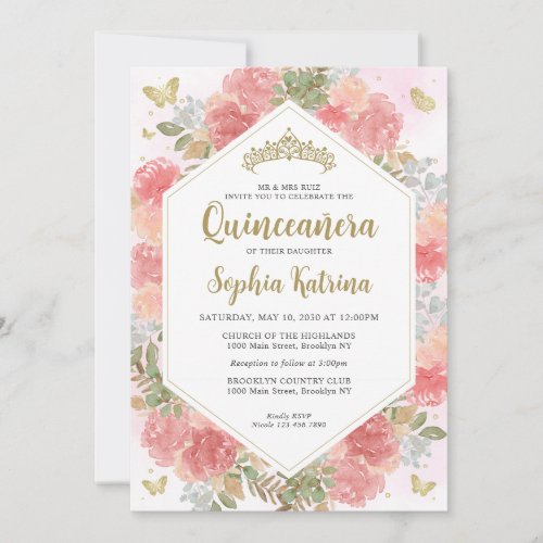 Modern Girly Blush Pink Floral Gold Quinceaera Invitation