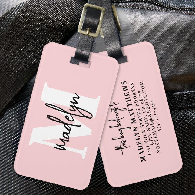 Modern Girly Blush Pink Monogram Name Luggage Tag (Modern Girly Blush Pink Monogram Name Luggage Tag)