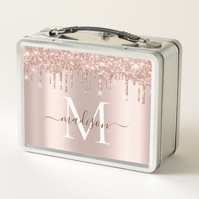 Modern Girly Blush Pink Rose Gold Glitter Monogram Metal Lunch Box (Back)