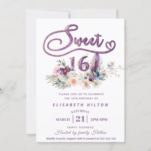 Modern girly boho floral Glitter typography  Invitation