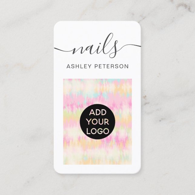Modern girly boho pastel tie dye nails script business card (Front)