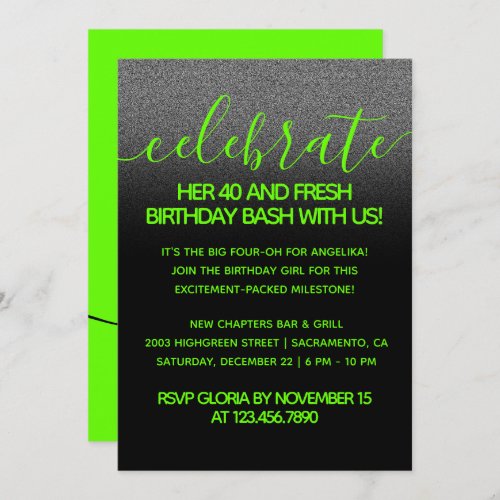 Modern Girly Bright Green 40 and Fresh Invitation