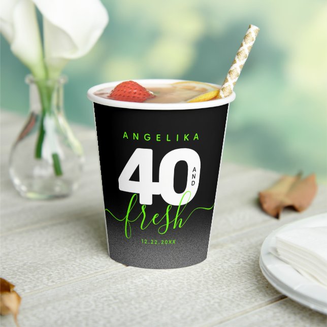 Modern Girly Bright Green 40 and Fresh  Paper Cups (Insitu)