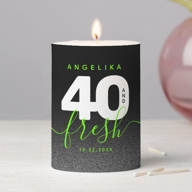 Modern Girly Bright Green 40 and Fresh Pillar Candle (In Situ)