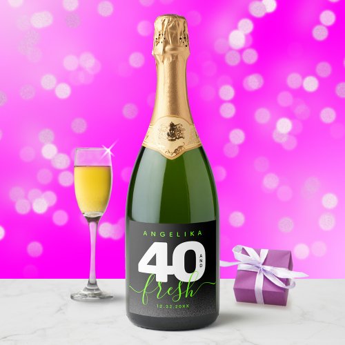 Modern Girly Bright Green 40 and Fresh Sparkling Wine Label