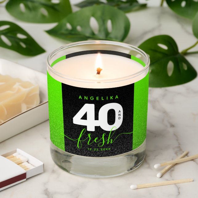 Modern Girly Bright Green Glitter 40 and Fresh Scented Candle (Lit)
