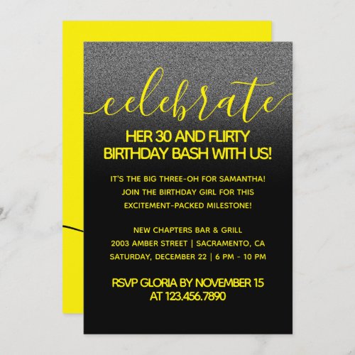 Modern Girly Bright Yellow 30 and Flirty Birthday Invitation