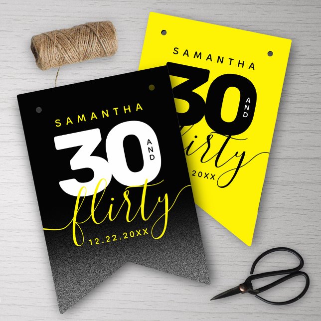 Modern Girly Bright Yellow 30 and Flirty Bunting Flags (Girly Bright Yellow 30 and Flirty Her 30th Birthday Bunting Flags Cover Photo.)