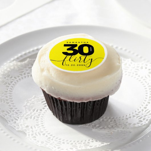 Modern Girly Bright Yellow 30 and Flirty Edible Frosting Rounds (Cupcake)