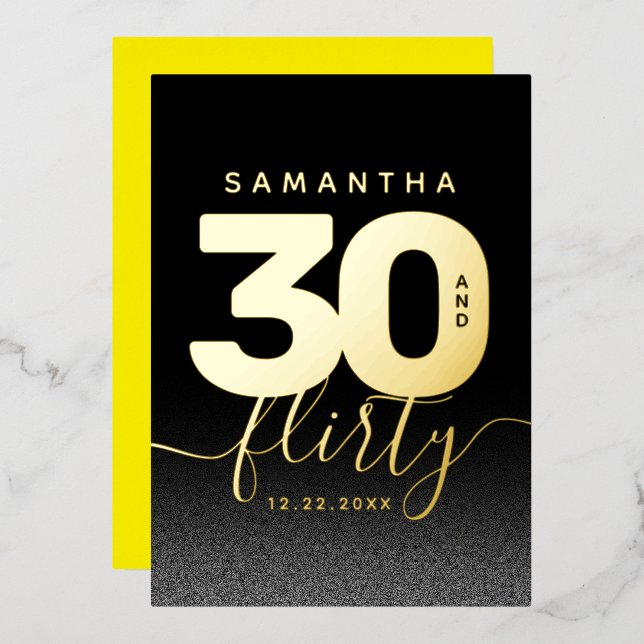 Modern Girly Bright Yellow 30 and Flirty Foil Invitation (Front/Back)