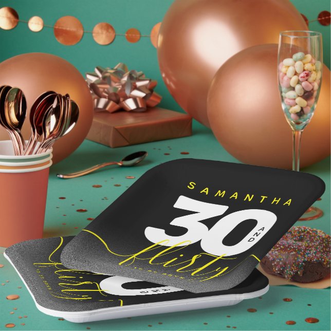 Modern Girly Bright Yellow 30 and Flirty Paper Plates (Multi)