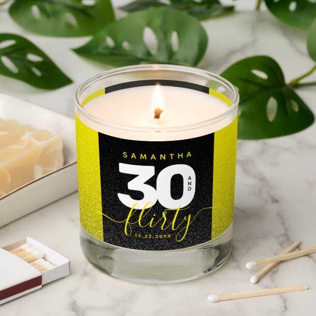 Modern Girly Bright Yellow Glitter 30 and Flirty Scented Candle (Lit)