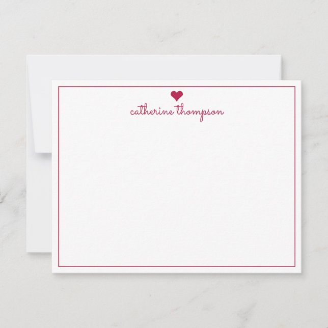 Modern Girly Burgundy Red Heart Feminine Script Note Card (Front)