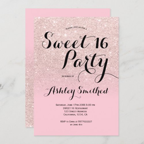 Modern girly candy pink glitter ombre Sweet 16 Invitation
