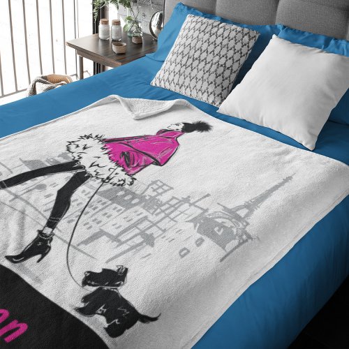 Modern Girly Chic Fashion Paris Dog Personalized Fleece Blanket