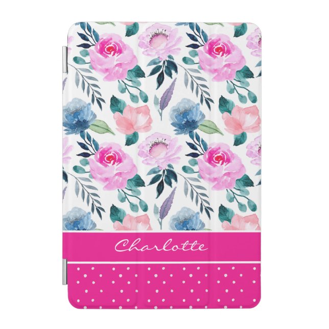 Modern Girly Chic Pink Floral Pattern Personalized iPad Mini Cover (Front)