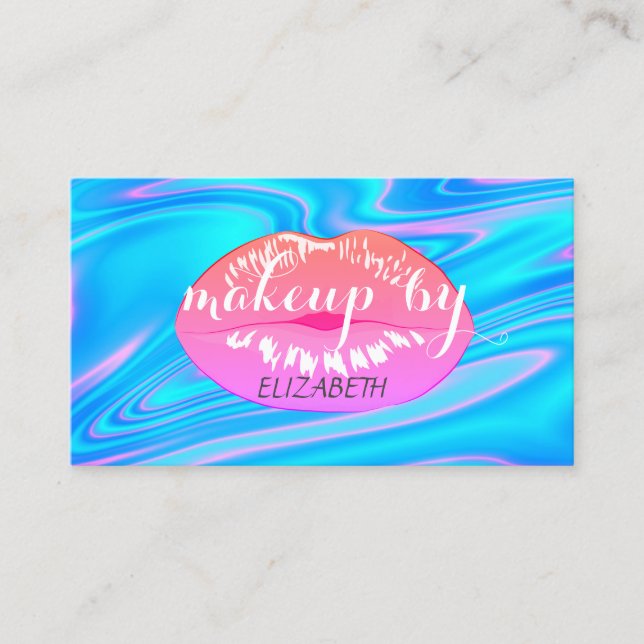 Modern Girly Chic Pink Lips Holographic Business Card (Front)