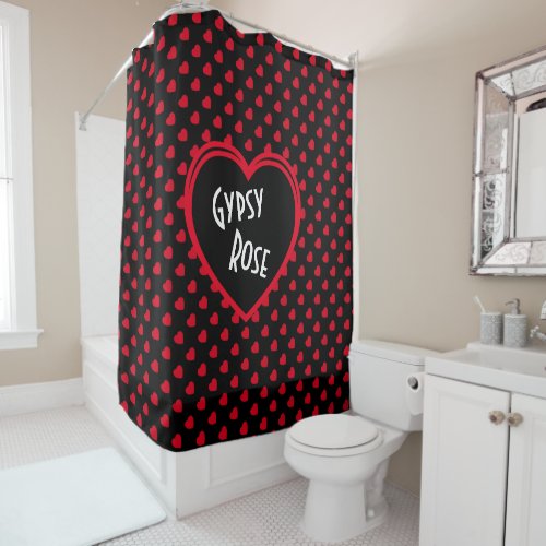 Modern Girly Chic Red Hearts Personalized Black Shower Curtain