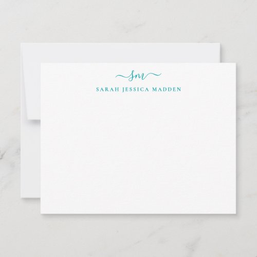 Modern Girly Chic Two Monogram Script Teal Green Note Card
