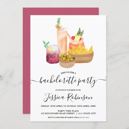 Modern girly cocktails watercolor bachelorette invitation