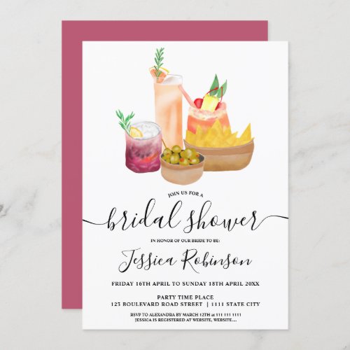 Modern girly cocktails watercolor bridal shower invitation