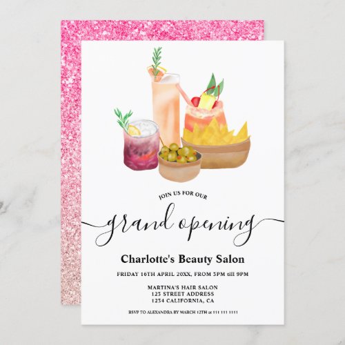 Modern girly cocktails watercolor grand opening invitation
