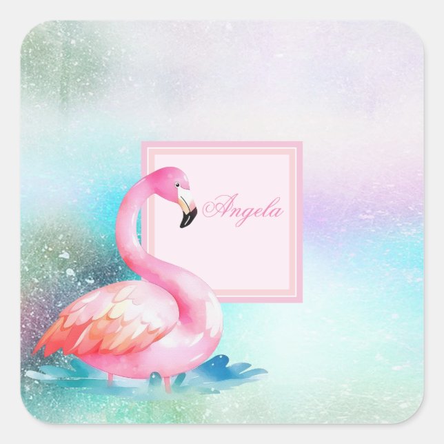Modern Girly Colorful,Adorable Flamingos Square Sticker (Front)