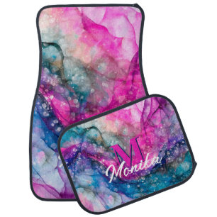 Modern Girly Colorful Marble Faux Glitter Monogram Car Floor Mat