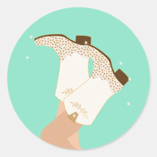 Modern Girly Cowgirl Boots Legs Stars Yeehaw Mint Classic Round Sticker