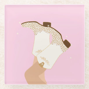 Modern Girly Cowgirl Boots Legs Stars Yeehaw Pink Glass Coaster