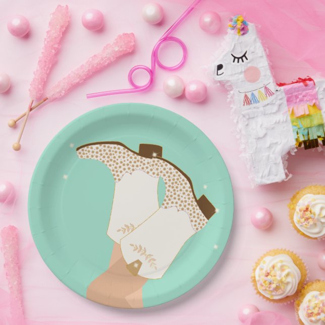 Modern Girly Cowgirl Boots Stars Mint Paper Plates (Party)