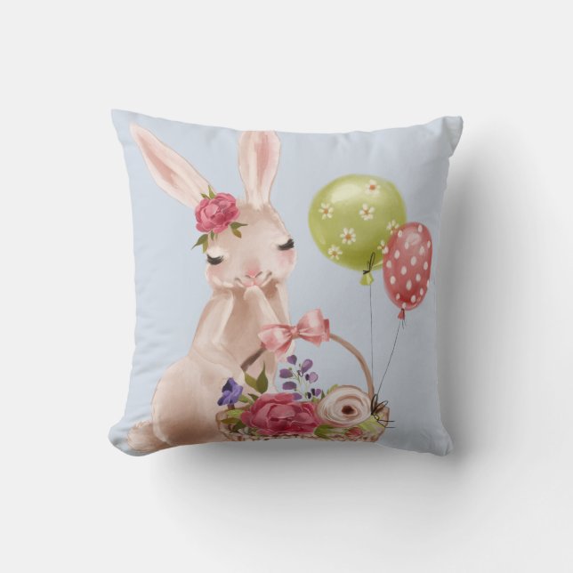 Modern Girly Easter Bunny Floral Balloon Basket Throw Pillow (Front)