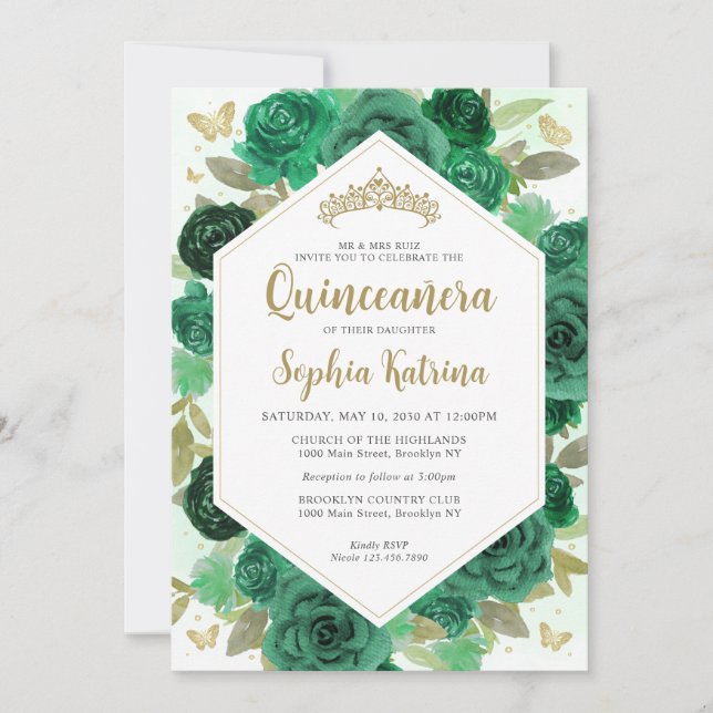 Modern Girly Emerald Green Floral Gold Quinceañera Invitation (Front)