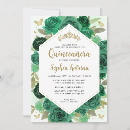 Modern Girly Emerald Green Floral Gold Quinceaera Invitation