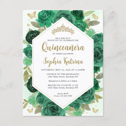 Modern Girly Emerald Green Floral Gold Quinceaera Postcard