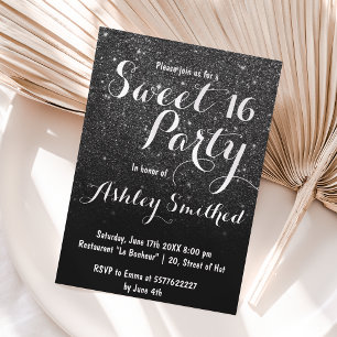 Modern girly faux black glitter ombre Sweet 16 Invitation