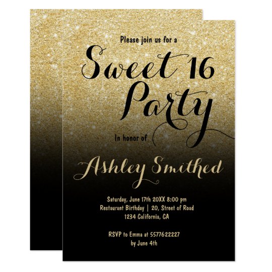 Modern girly faux gold glitter chic black Sweet 16 Invitation | Zazzle.com