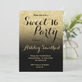 Modern girly faux gold glitter chic black Sweet 16 Invitation (Standing Front)