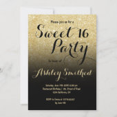 Modern girly faux gold glitter chic black Sweet 16 Invitation (Front)