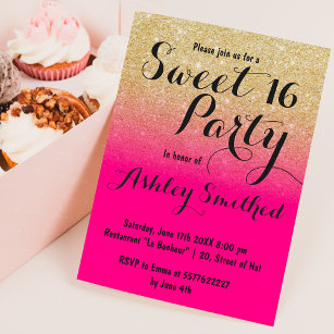 Modern girly faux gold glitter neon pink Sweet 16 Invitation