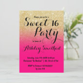 Modern girly faux gold glitter neon pink Sweet 16 Invitation (Standing Front)