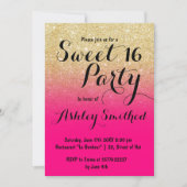 Modern girly faux gold glitter neon pink Sweet 16 Invitation (Front)