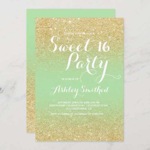 Modern girly faux gold glitter ombre mint Sweet 16 Invitation