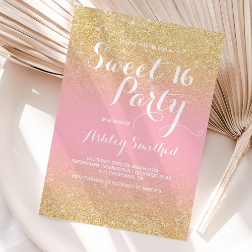 Modern girly faux gold glitter ombre pink Sweet 16 Invitation