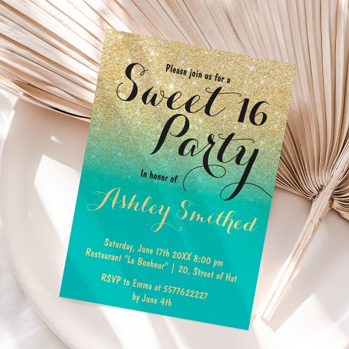 Modern girly faux gold glitter turquoise Sweet 16 Invitation