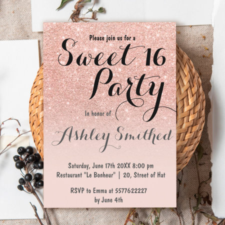 Modern Girly Faux Rose Gold Glitter Ombre Sweet 16 Invitation