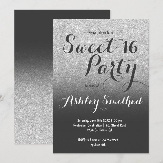 Modern girly faux silver glitter ombre Sweet 16 Invitation (Front/Back)