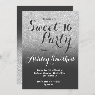 Modern girly faux silver glitter ombre Sweet 16 Invitation