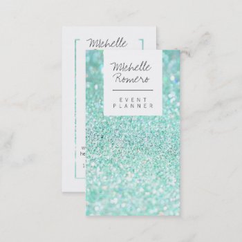 Modern Girly Faux Teal Glitter Bokeh Event Planner Business Card by busied at Zazzle