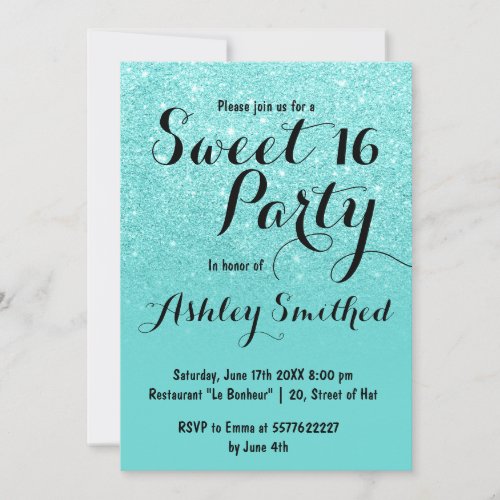 Modern girly faux teal glitter ombre Sweet 16 Invitation